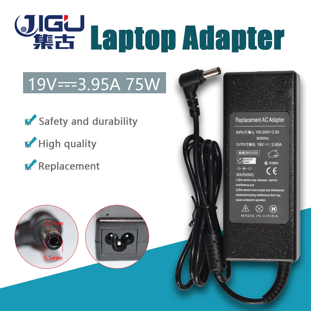 

JIGU 19V 3.95A 5.5*2.5mm 75W PA3468E-1AC3 PA-1750-09 Power ac Adapter Supply For Toshiba FA105 FM35X U305 P205 Charger