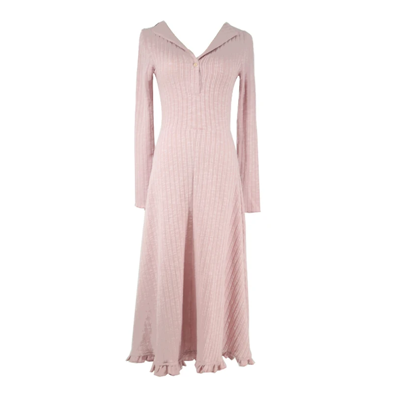 

PERHAPS U White Beige V Neck Long Sleeve Solid Knitted Ruffle Midi Dress D0627
