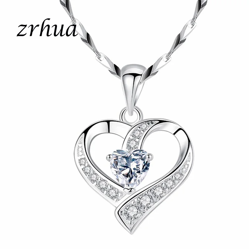 ZRHUA 925 пробы, серебряное ожерелье, цепочка, циркониевое сердце, подвески, ожерелье s для женщин, колье, высокое качество, свадебные ювелирные изделия