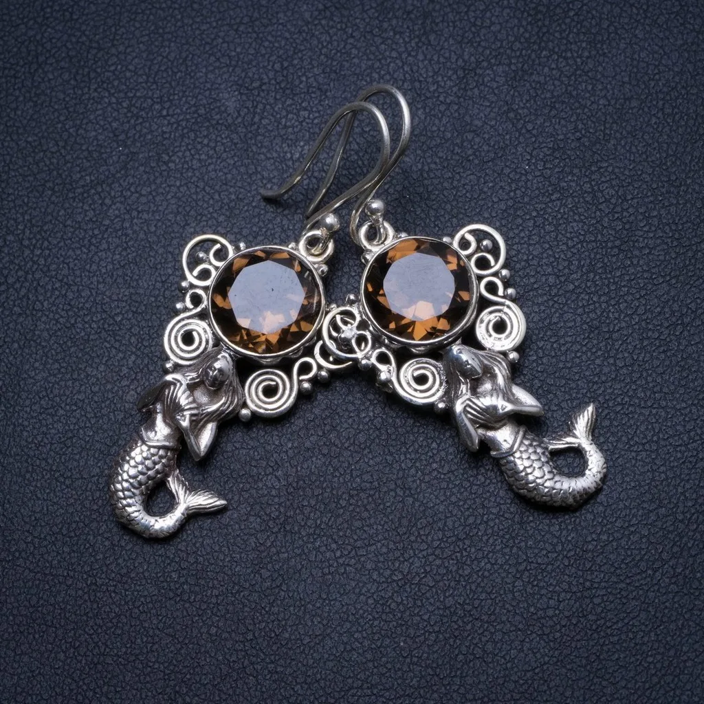 Природный дымчатый кварц Handmade Уникальные 925 стерлингов Серебряные серьги 1 75
