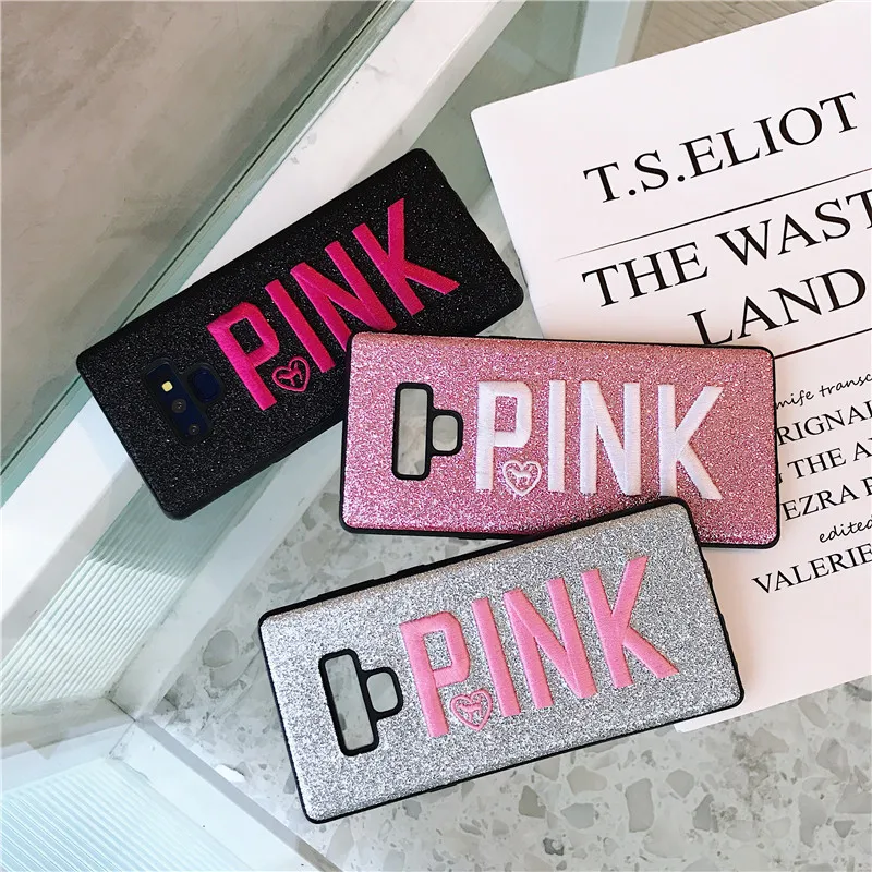 hot Luxury PINK Brand Glitter Embroidery Leather Fashion Hot Cute Pink Case for Samsung Galaxy S8 S9 Plus note 9 Phone cases |