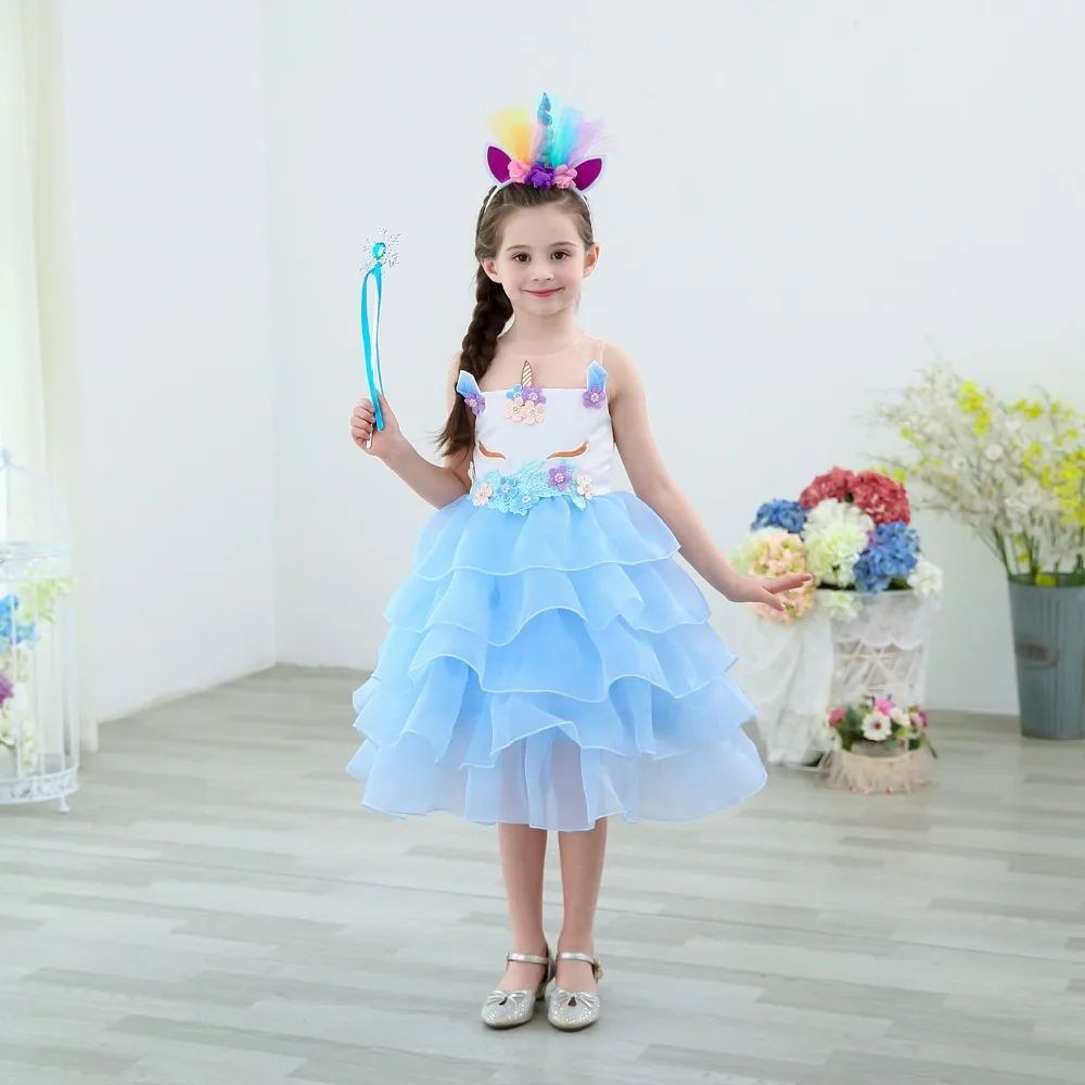 

Girl Unicorn Fancy Dress Rainbow Sequined Tutu Wedding Party Dress With Princess Hair Accessory For Cosplay Costumes