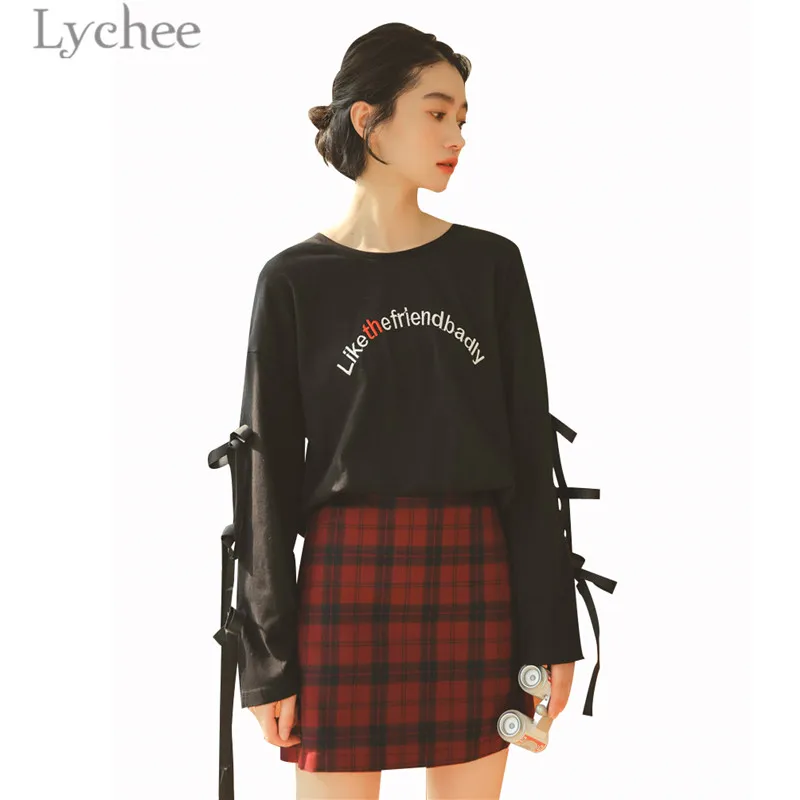 Женская Осенняя футболка Lychee с разрезом на шнуровке буквенным принтом вырезами