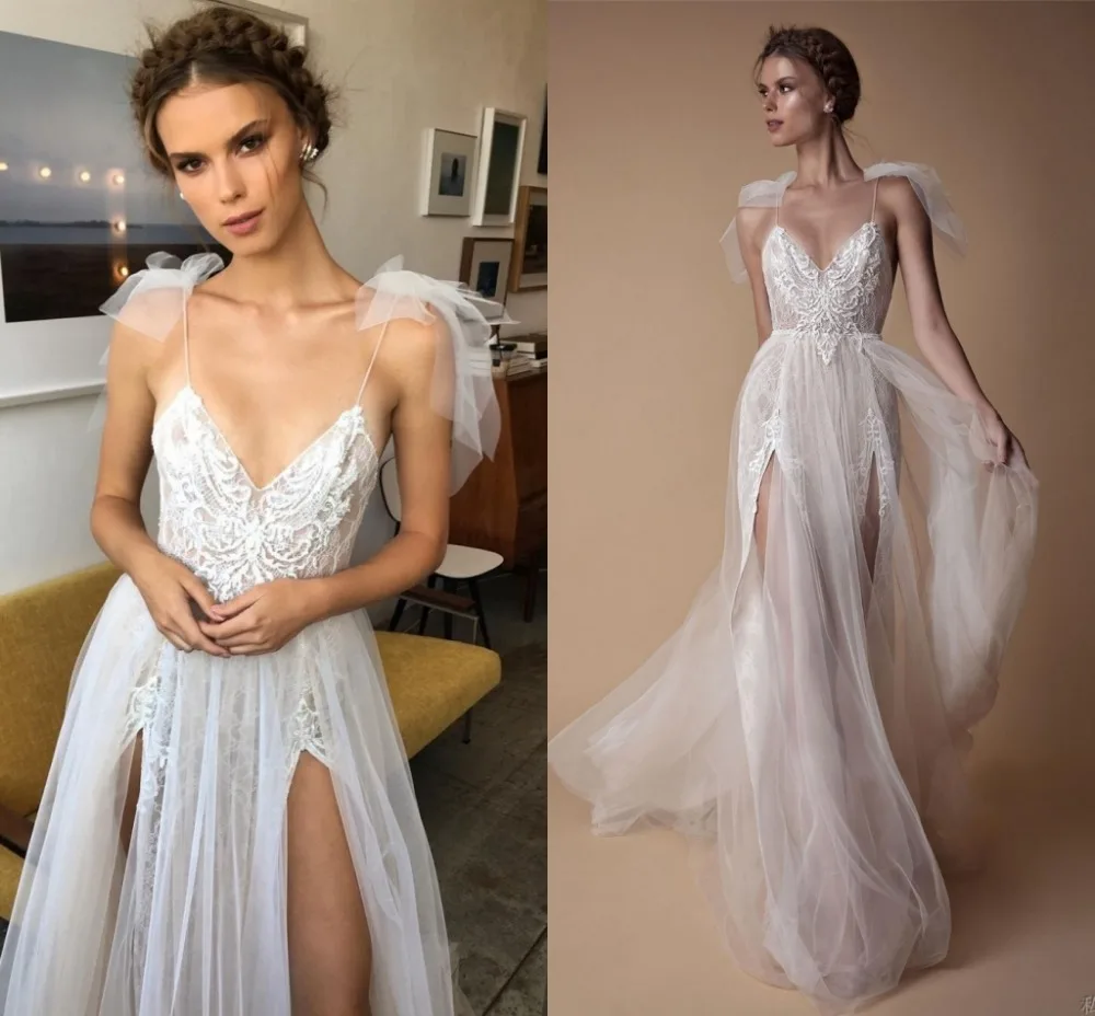 Vestido de festa, высококачественное свадебное платье es, шикарное свадебное платье с v-образным вырезом на бретелях, расшитое бисером, из тюля, свадебное платье в стиле бохо