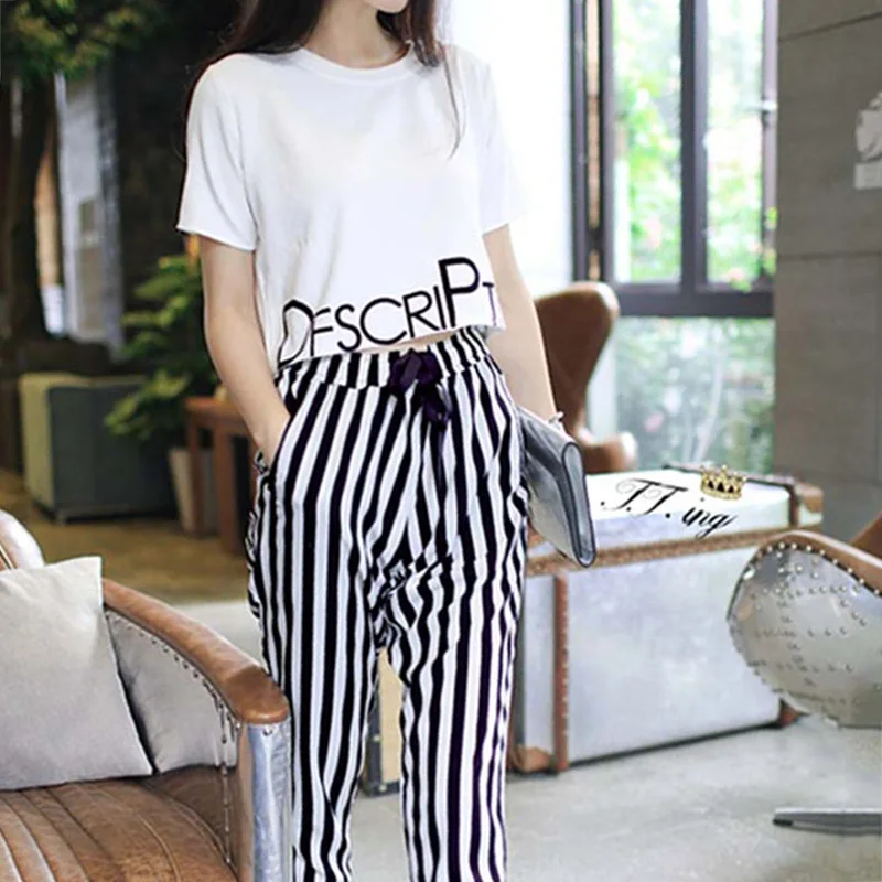 

Two piece set Womens Set Summer White Letter Printed T Shirt Sexy Cropped Tops +Striped Pants Calf Length Casual Tracksuit