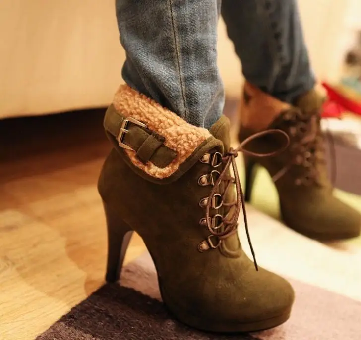 XingDeng/Женские Ботинки martin; botas femininas; мотоботы; большие размеры 34-43; зимние женские плюшевые ботильоны из флока на высоком каблуке