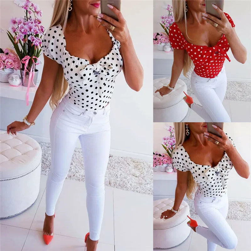 2019 Summer Newest Hot Fashion Dot Women Casual Short Sleeve Print Cotton Shirt Tops Blouse | Женская одежда