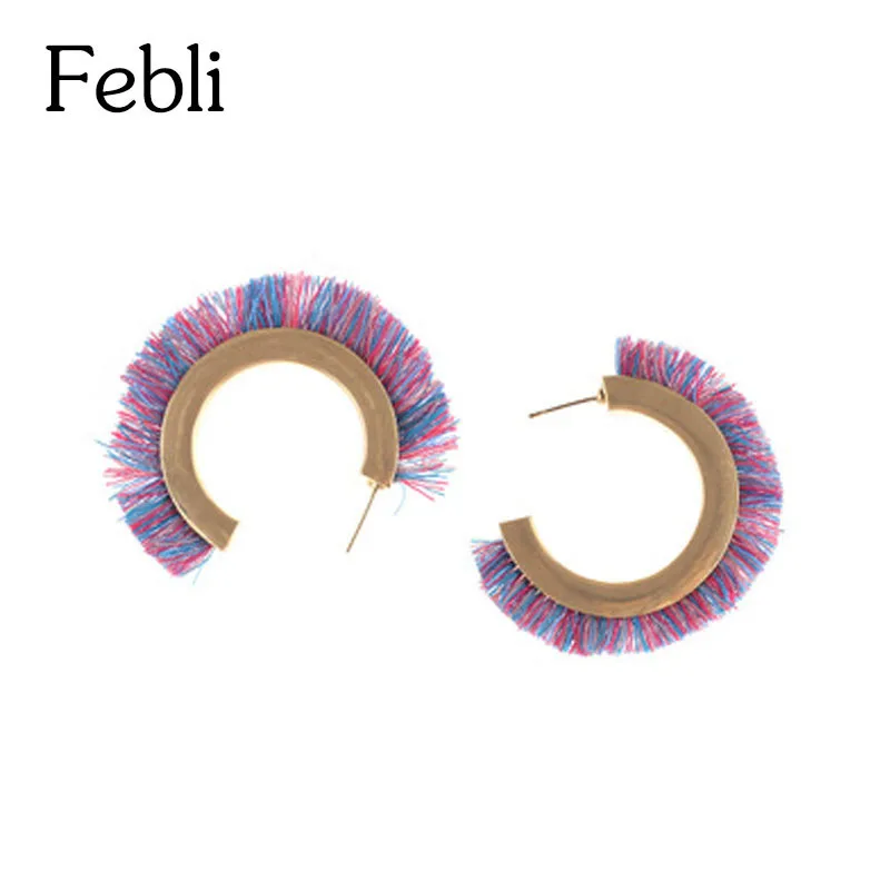 Febli 4 цвета хлопок кисточкой Серьги чешские большой круглый Серьги-гвоздики для