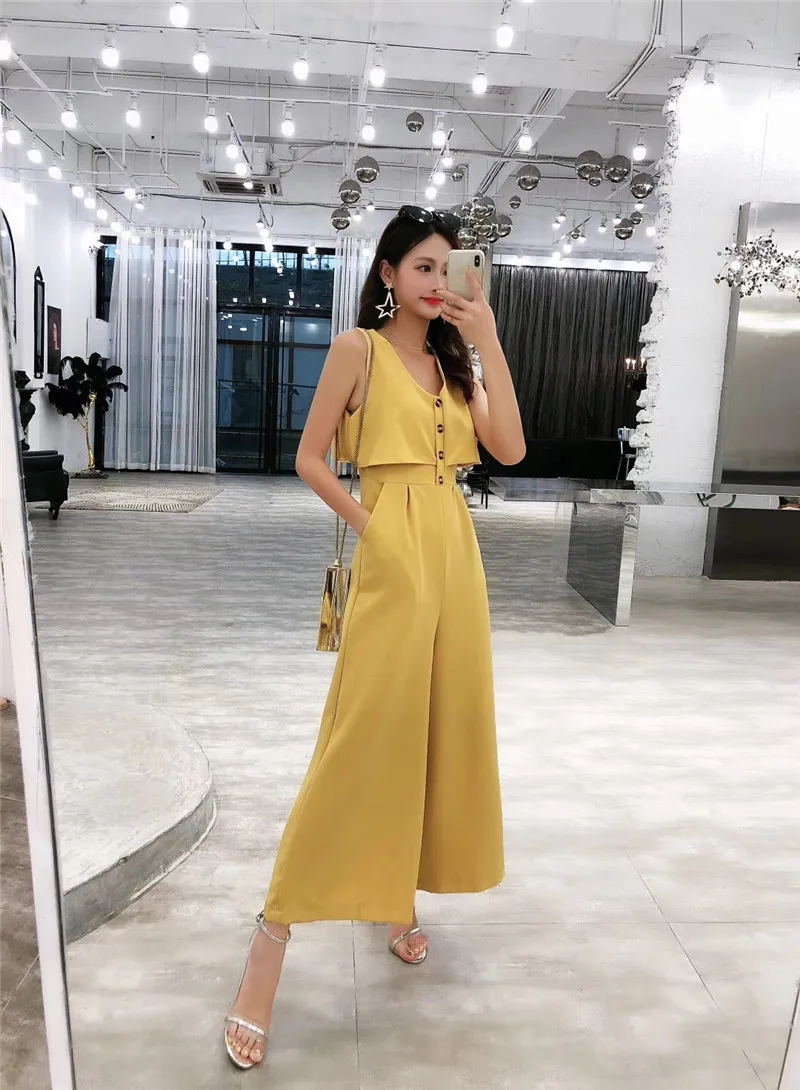 ALPHALMODA, летние новые женские комбинезоны, однобортные, без рукавов, женские облегающие комбинезоны, широкие, модные комбинезоны