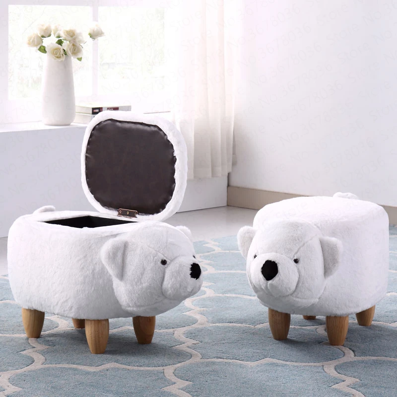 

Solid Wood Footstool Creative Dog Bear Shoes Bench Sofa Stool Small Household Storage Footstool Lounge White Creative Chair