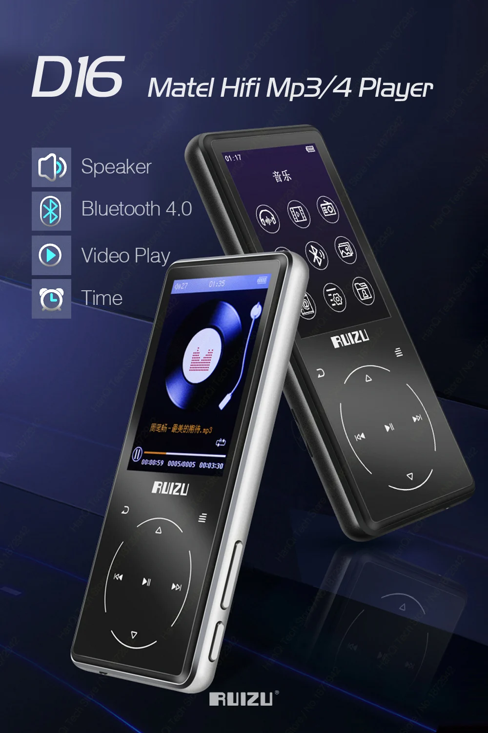 RUIZU D16 Metal Bluetooth MP3 Player Portable Audio 8GB Music Player with Built-in Speaker FM Radio,Recorder,E-Book,Video Player