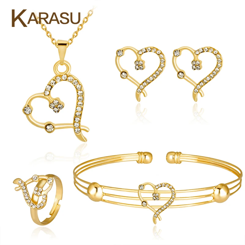 KARASU милое сердечко полое ожерелье со стразами серьги кольцо браслет для невесты