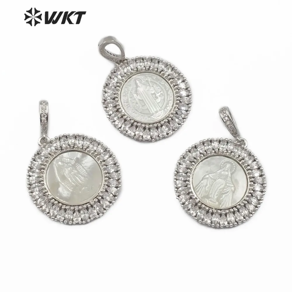 WT MP116 изящный резной кулон в виде ракушки De Guadalupe Blessed Virgin Saint Benedict медальон