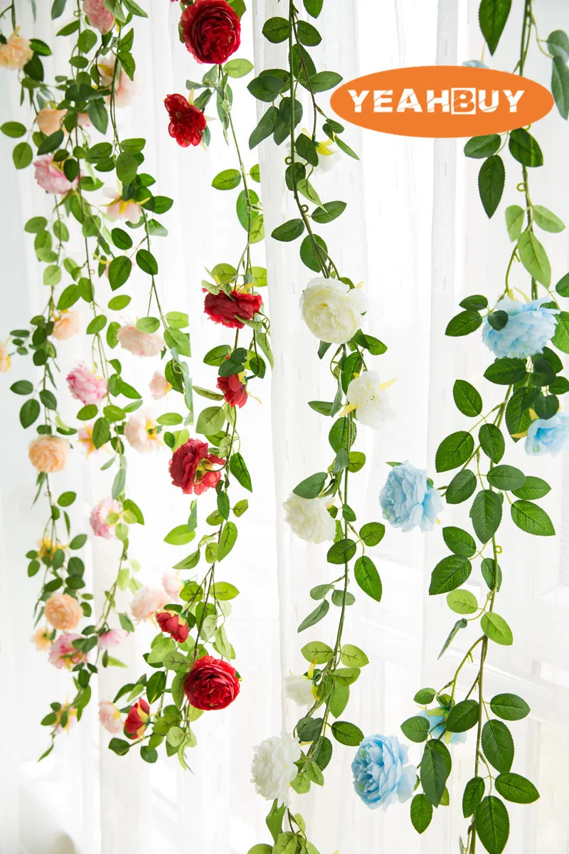 

1PC 1.8m Silk Peony Flower Vine Rattan Artificial decorative Rattan For Wedding Wall Home Garden Background decoration Flower