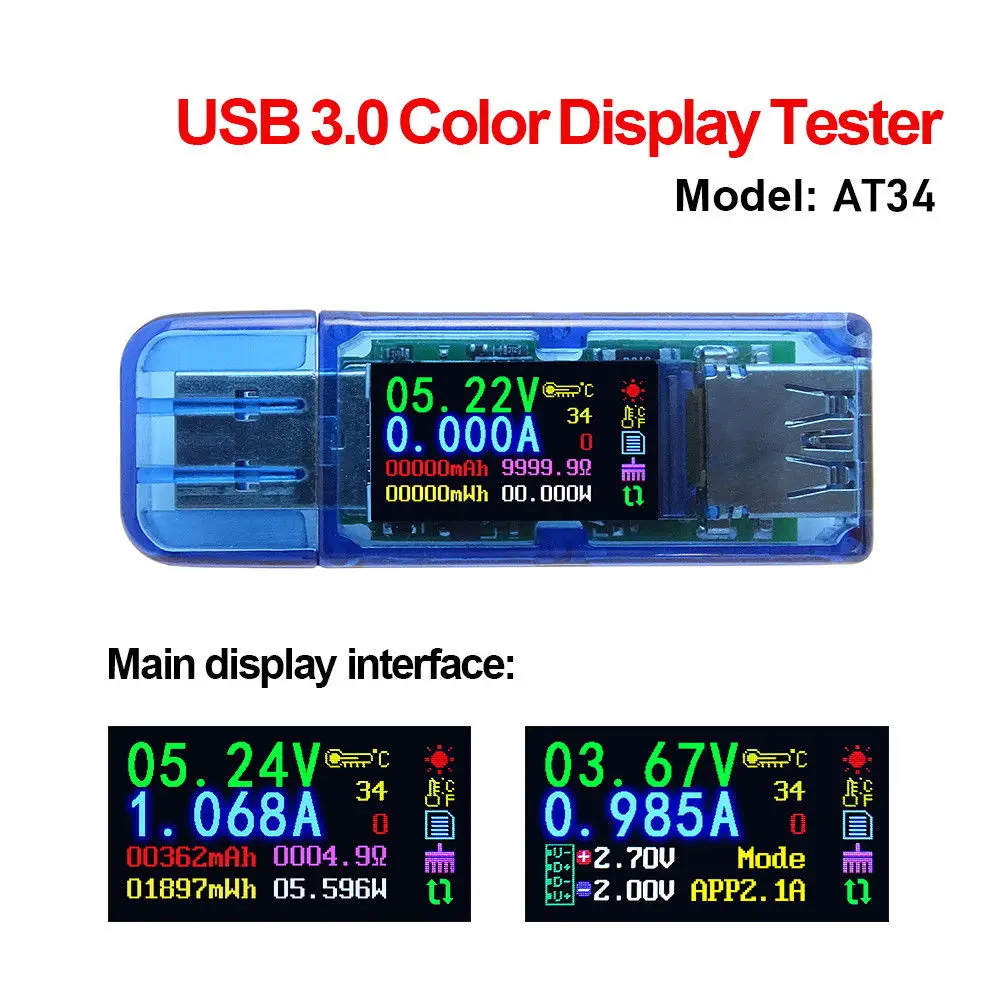 

USB-мультиметр, вольтметр-амперметр с цветным ЖК дисплеем, USB-тестер для измерения напряжения и силы тока для внешних аккумуляторов, 3,0