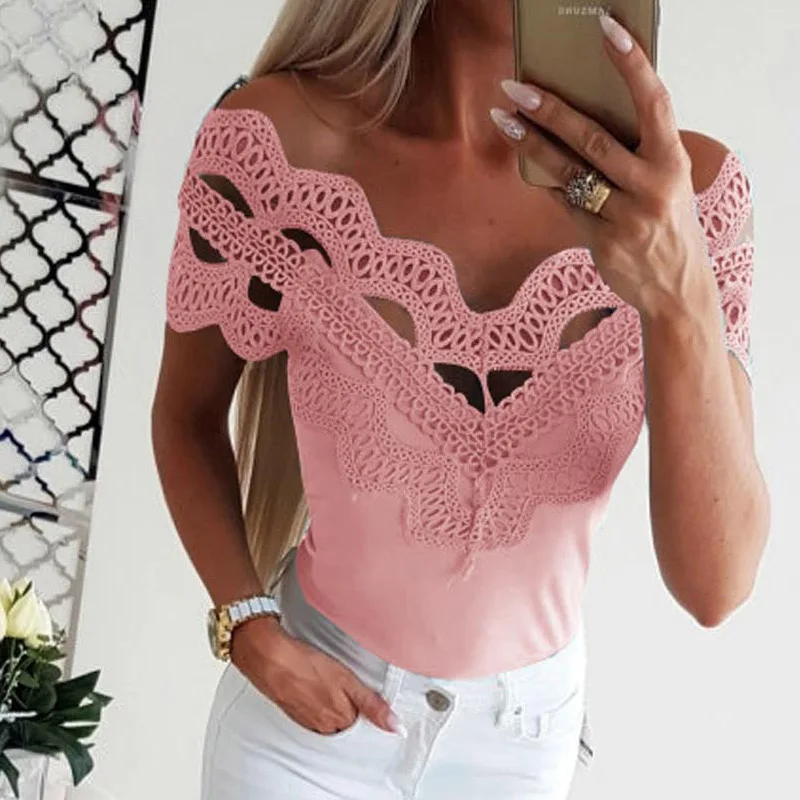 ELSVIOS кружевная Лоскутная Блузка с открытыми плечами женская рубашка новая летняя