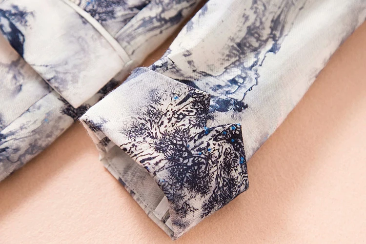 SEQINYY Short Jacket Summer Spring New Fashion Design 3/4 Sleeve Ink Forest Printed Thin Casual Women Linen Blazer