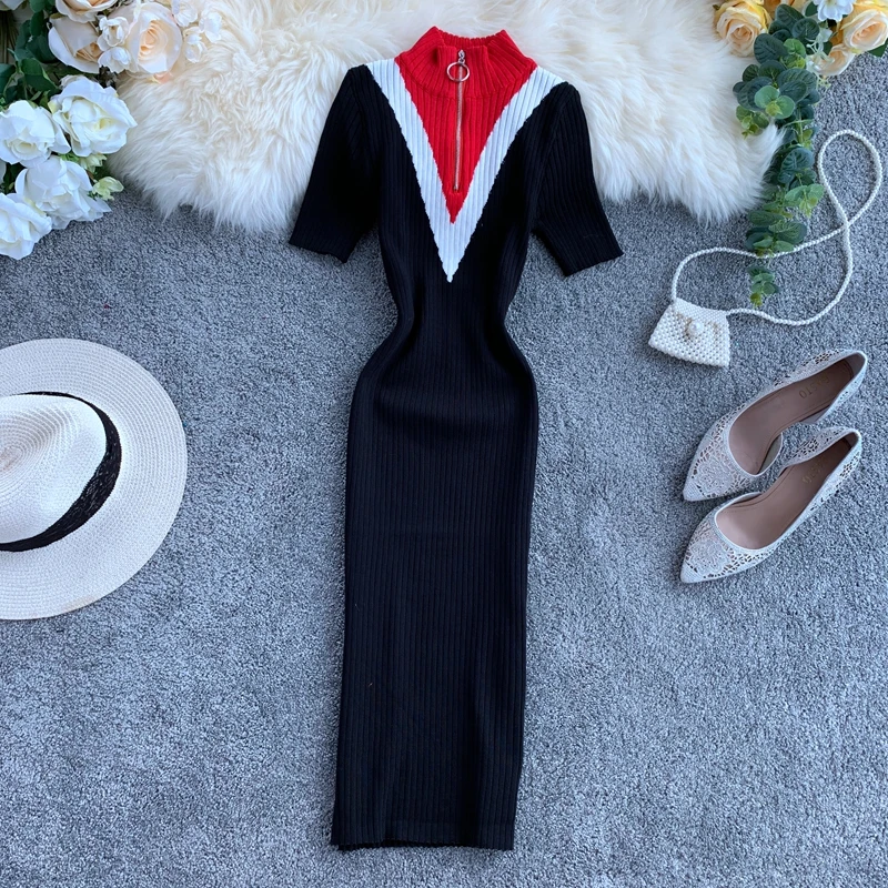 Vintage Slim Zipper Knitted Patchwork Summer Autumn Bodycon Midi Dress Party Women Pencil Knee Length Office Sheath dresses