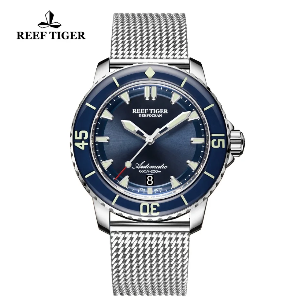 Reef Tiger/RT брендовые Роскошные автоматические часы для дайвинга для мужчин стальные Супер Светящиеся спортивные часы водонепроницаемые мужские часы RGA3035