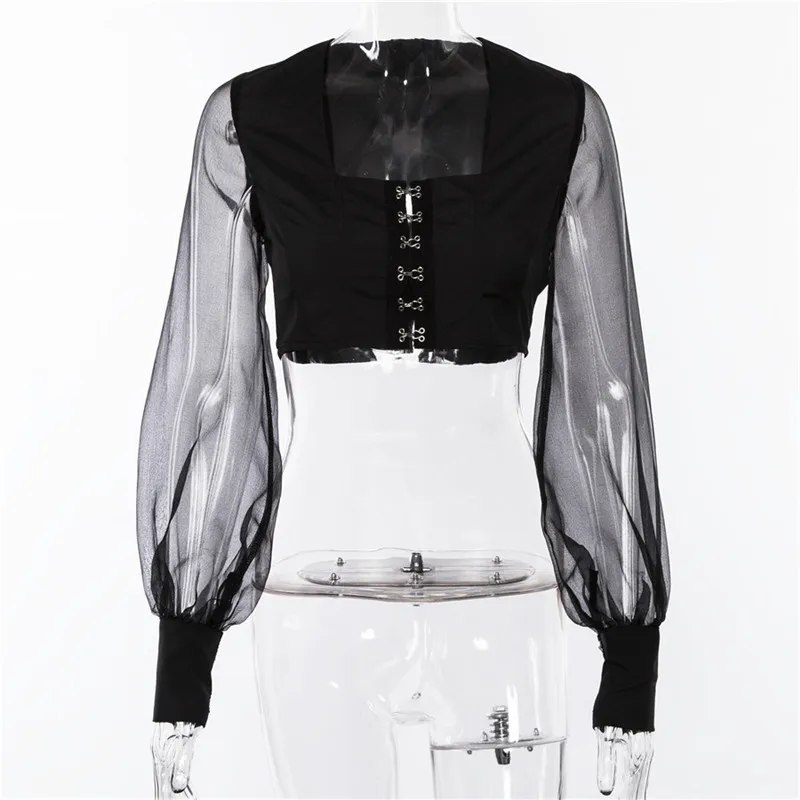 

2019 Summer New Design Solid Color Full Sleeve Lantern Sleeeve Deep V Mesh See Through Crop Top