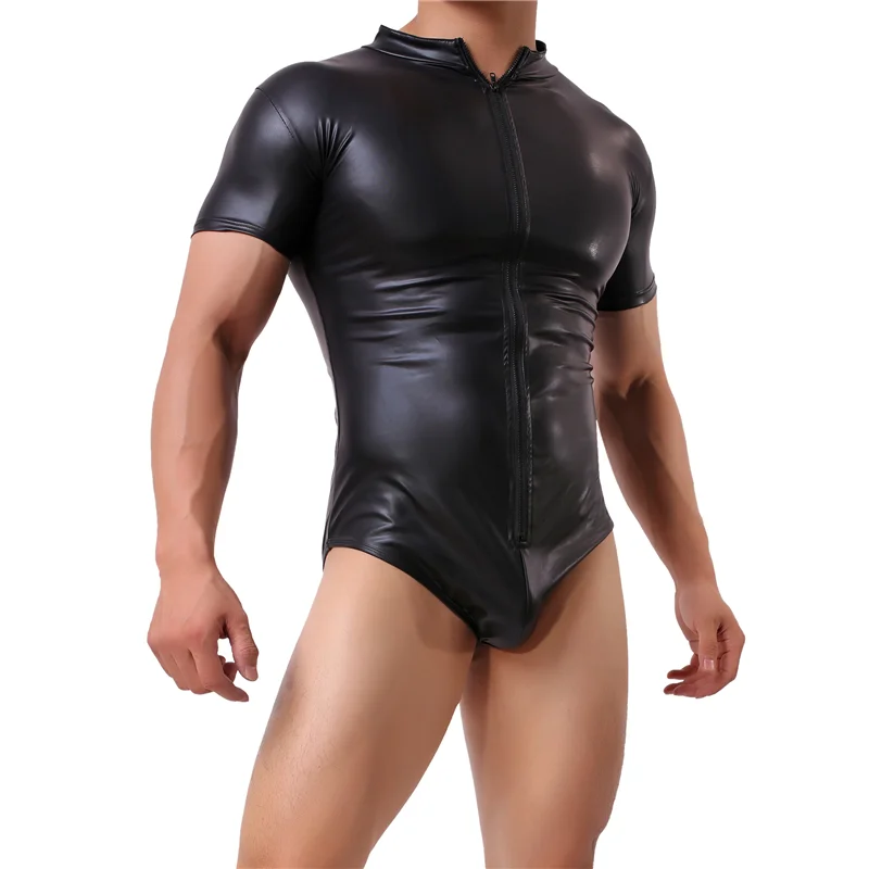 Men Faux Leather Shapers Comfortable Man Sexy Fitness Bodybuilding Sheer Bodysuit Gay Slim Zipper Shaper Underwear Shapewear