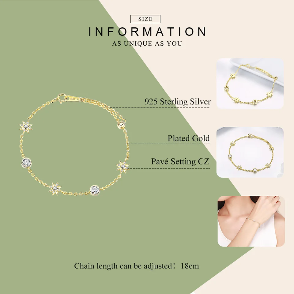 WOSTU Fashion Sterling Silver 925 Bracelets Gold Color Shining Star Zircon Chain Link For Women Jewelry DXB122 | Украшения и