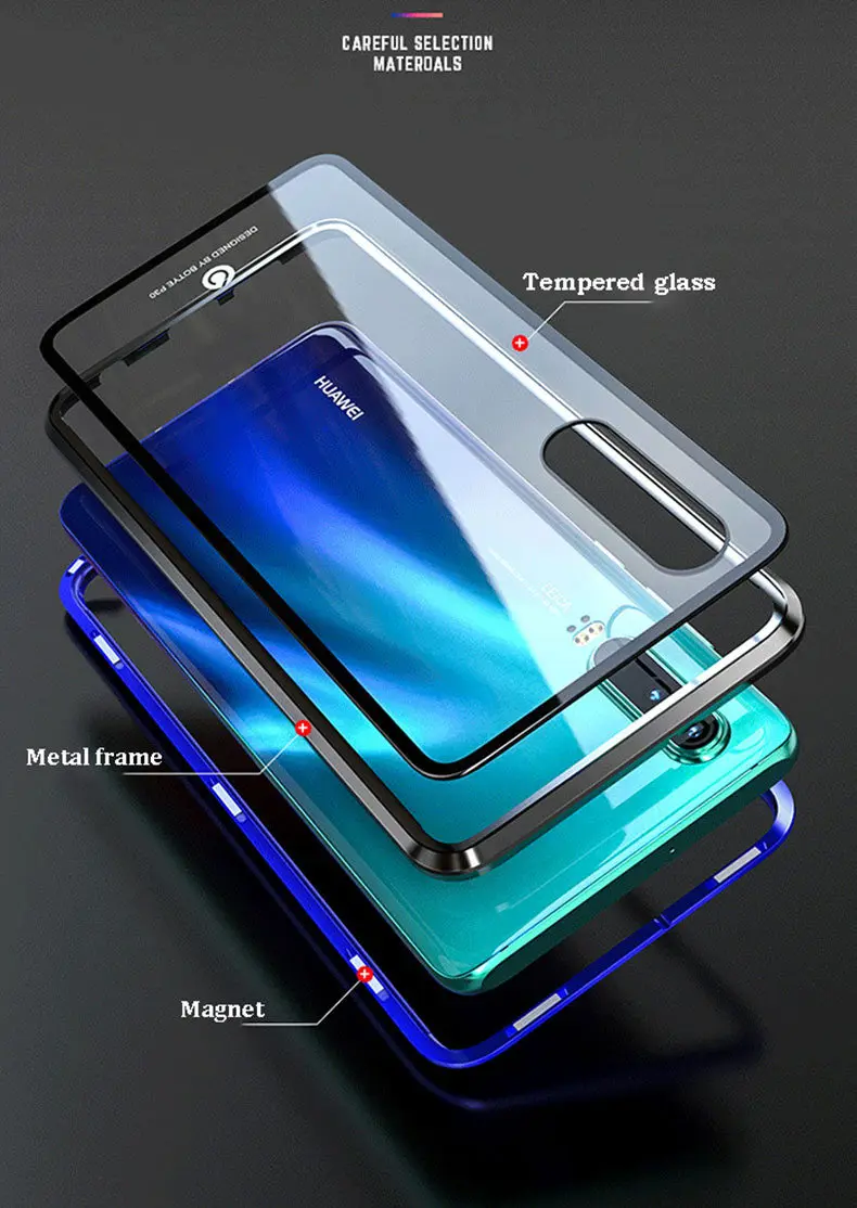 Магнитный металлический чехол для huawei P30 Pro Чехол-книжка Роскошный Металлический стеклянный противоударный алюминиевый бампер чехол для huawei P 30 Lite чехол