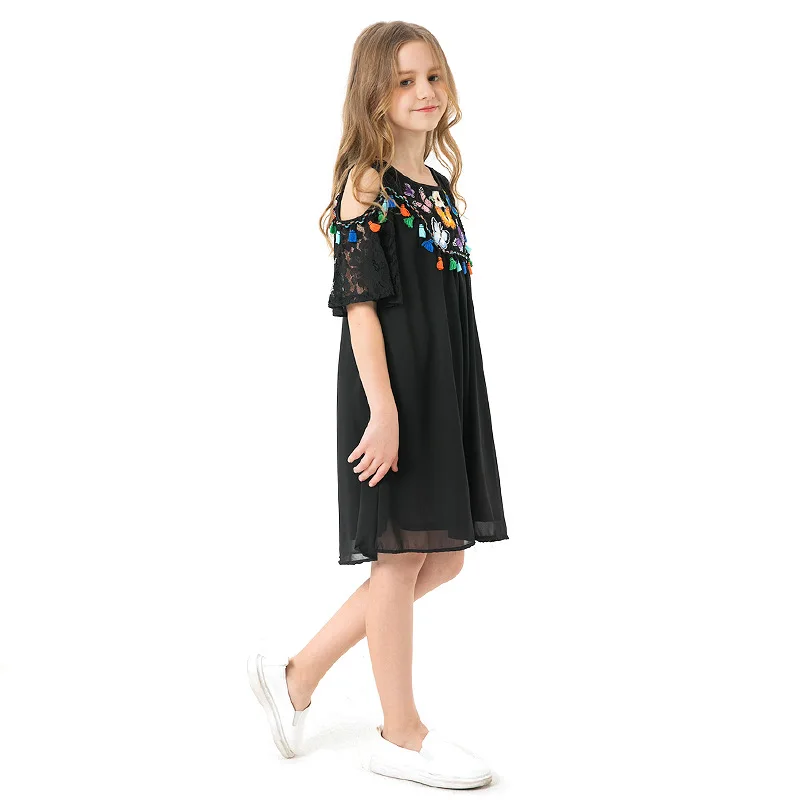 Black Cold Shoulder Butterfly Embroidery Princess Dress Girl Costume 2019 Summer Short Sleeve A Line Boho Tassel Lace Kids | Детская