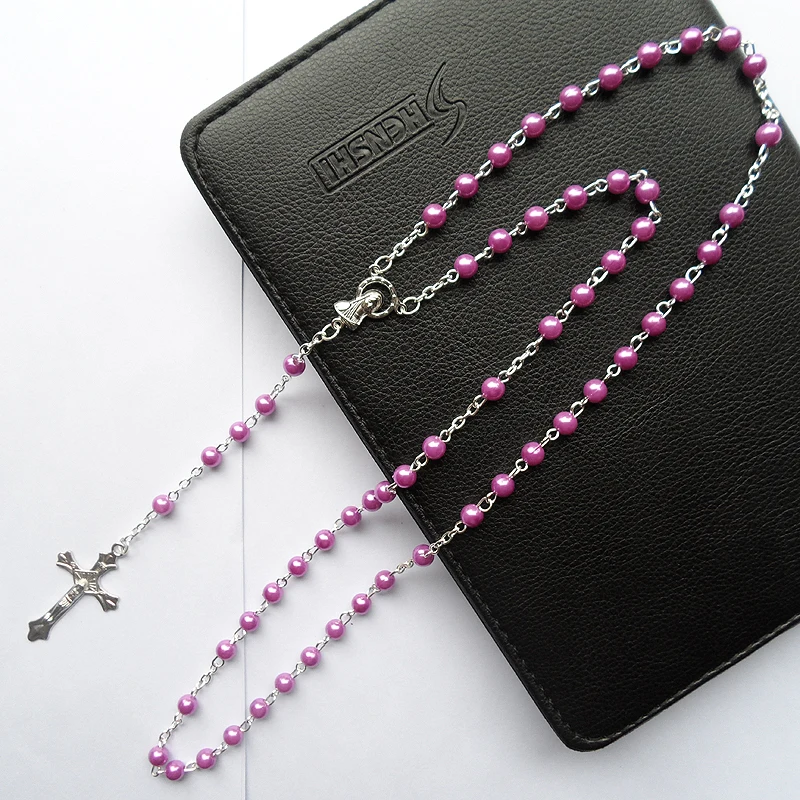 

OL style Dark purple Pearl charming religion Catholic Christ Virgin Mary Jesus cross Pendant Necklaces jewelry silver plated