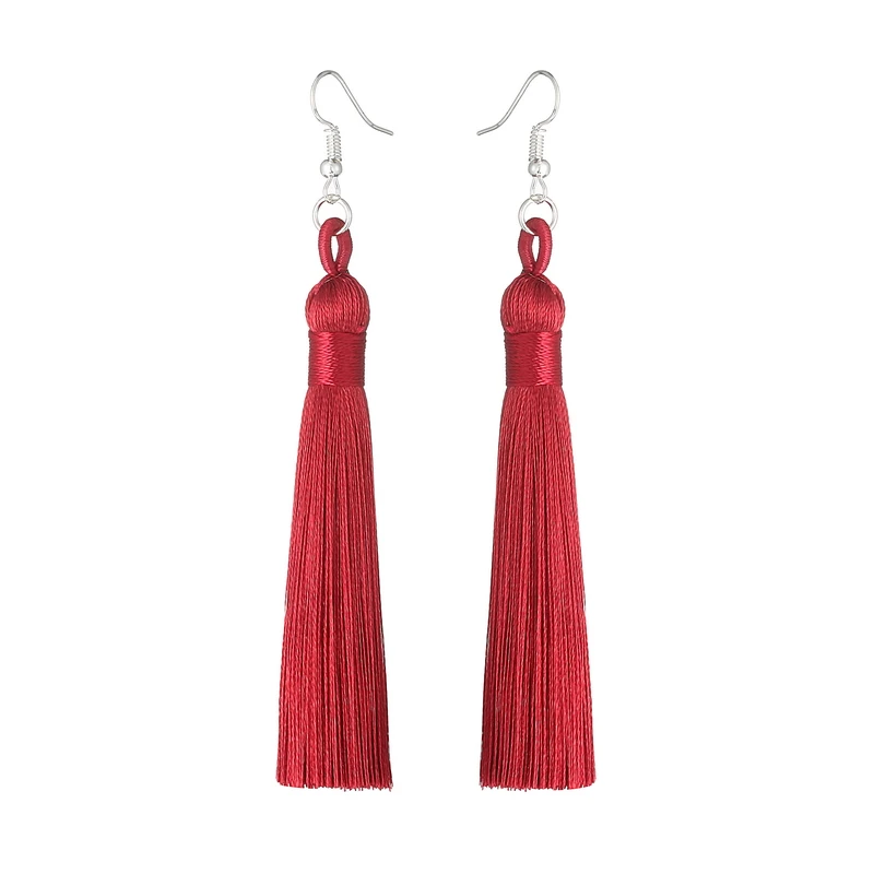 LOVBEAFAS Boho Висячие женские серьги с длинной бахромой висячие серьги шелковая ткань веревка обертывание этнические винтажные модные ювелирные изделия - Окраска металла: Wine Red