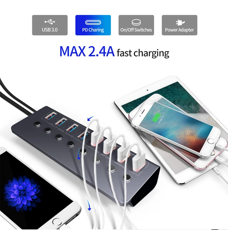 4 Usb хаба 3,0 4 Смарт зарядное устройство с зарядными портами 12V 4A адаптер питания концентратор USB 3,0 разветвитель вкл/выкл переключатель для Macbook ПК ноутбука
