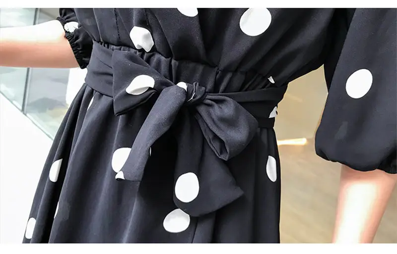 Модные Корея Новый Boho Черный шифон пляжное платье Для женщин 2019 лето волна точка