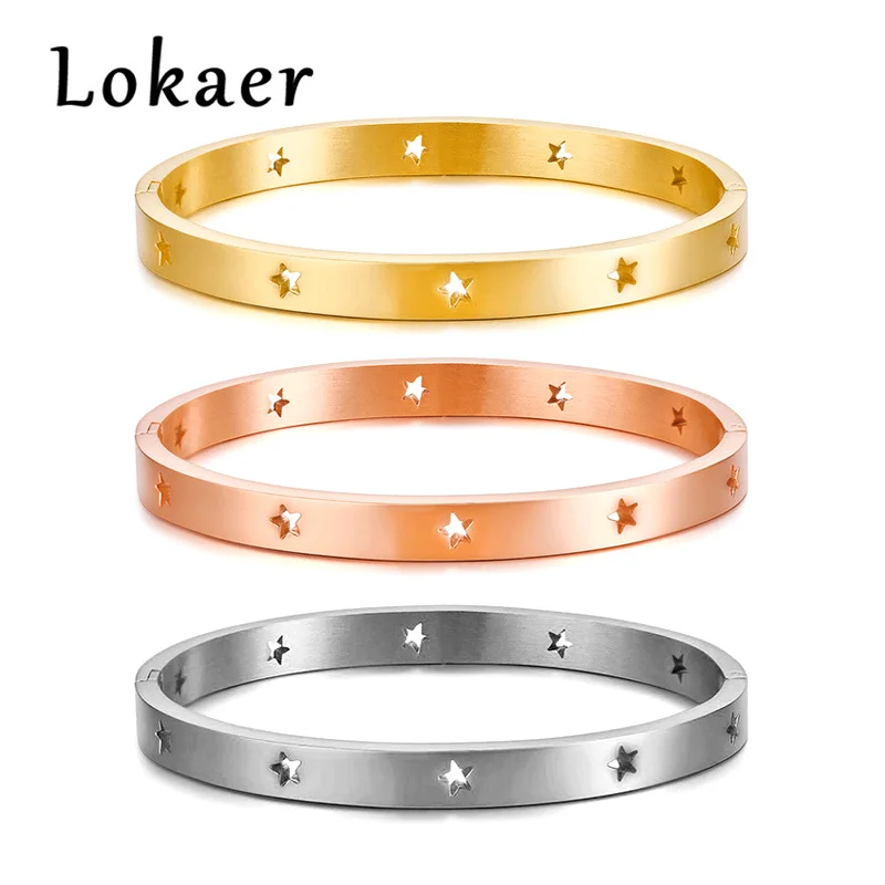 Lokaer 6 мм Нержавеющая сталь браслет для Для женщин Уникальный полые звезды женский манжеты Браслеты темперамент леди вечерние украшения B18165
