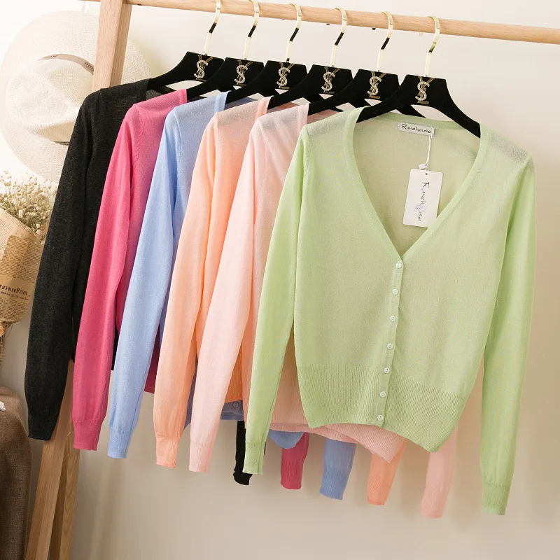 Summer Sunscree Women Cardigan Knitted Sweater Coat Thin full sleeve Sleeve Female Casual V-Neck Woman Knit Cardigans Tops |