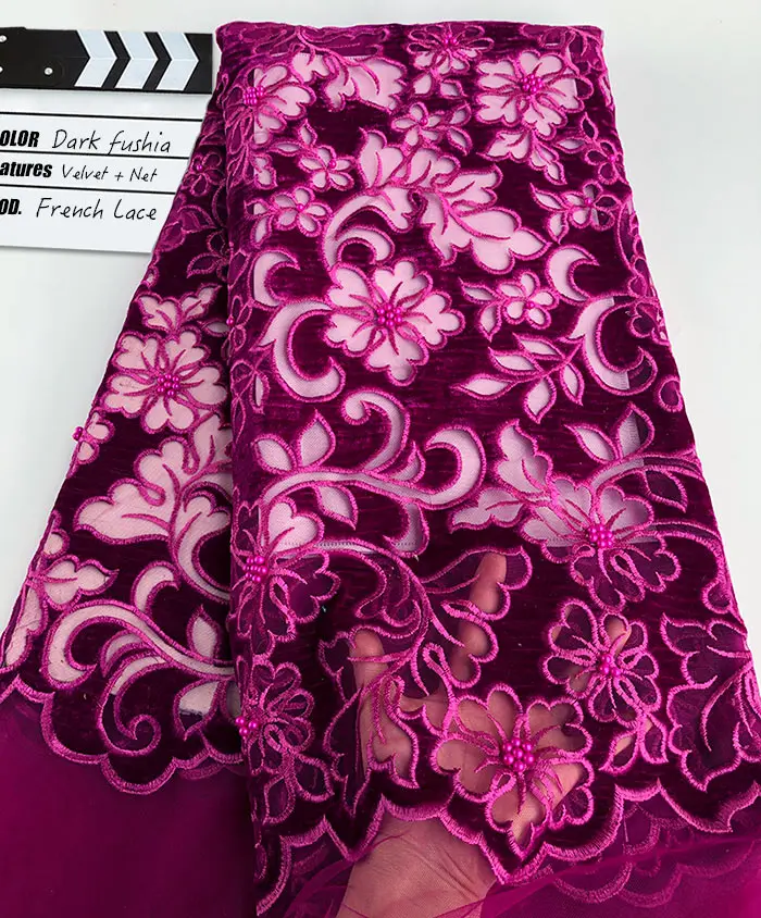 dark fushia pink Простая винная ручная бархатная вышивка, французское кружево, большая африканская Тюль кружевная ткань с большим количеством бусин 5 ярдов в штуке - Цвет: dark fushia pink