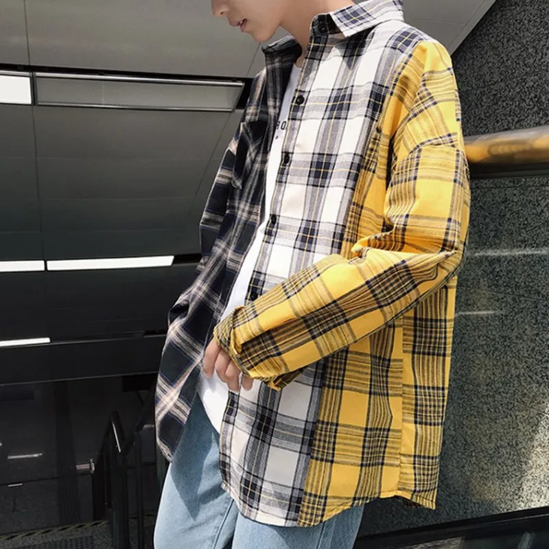 Мужские рубашки с длинным рукавом Harajuku клетчатые Лоскутные мужские уличные хип