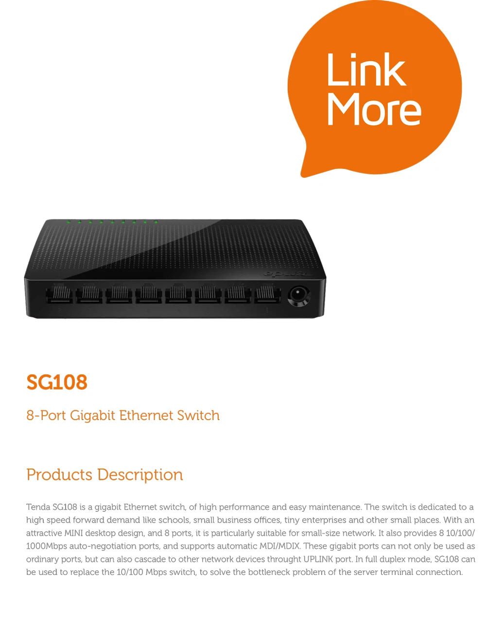 Tenda SG108 Ethernet коммутаторы 8-Порты Gigabit Порты и разъёмы настольный коммутатор 10/100/1000 Мбит/с RJ45 Порты и разъёмы Soho коммутатор