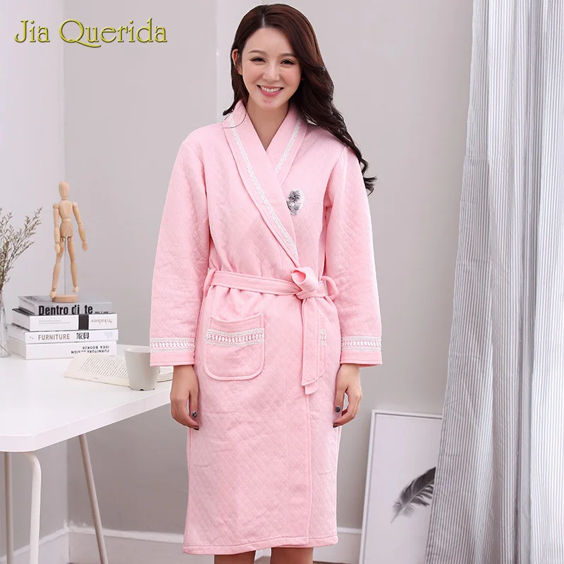 Peignoir Femme Batas De Mujer Robe женское нижнее белье большие размеры хлопок толстый розовый