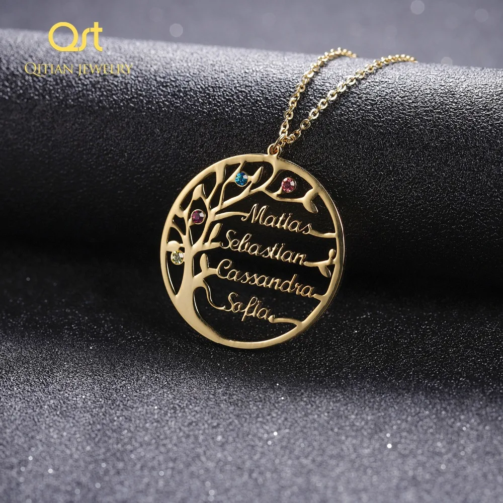 Массивное семейное дерево ожерелье Iced Out пользовательское имя камень по дню рождения Колье Золото Нержавеющая Сталь Ювелирные изделия персонализированный Рождественский подарок