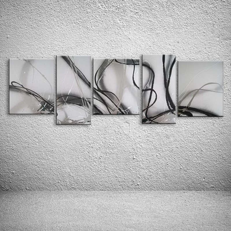 

Абстрактная картина маслом из черных линий с граффити, ручная роспись, современные белые акриловые картины, 5 панелей, настенные картины, Декор для дома, холст