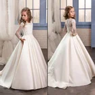 Атласные платья для девочек, с длинным рукавом, в цветочек, для свадьбы, особых случаев, платья для первого причастия, аппликация из белого кружева
