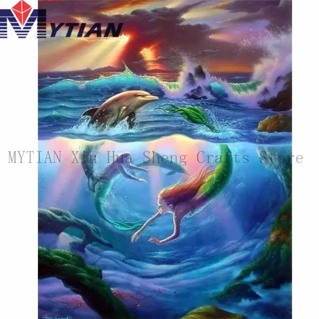 

DIY 5D Diamond Painting Kit,Mermaids Swimming with Dolphins In Ocean,Storm Diamond Embroidery Full Drill Rhinestone Wall Sticker