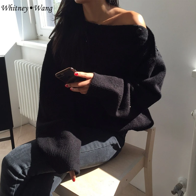 WHITNEY WANG 2018 осенне-зимний модный сексуальный свитер с асимметричными пуговицами