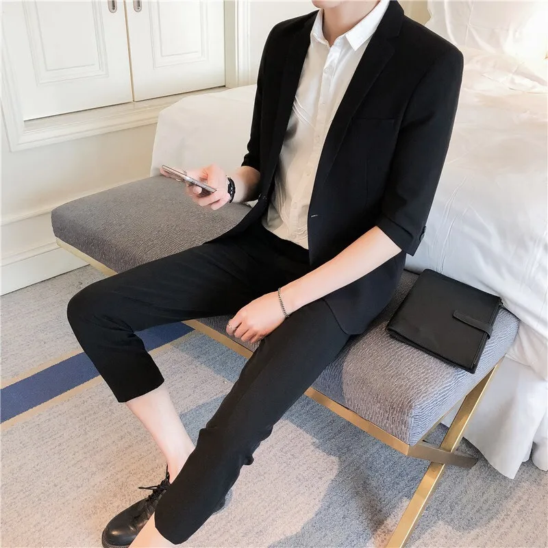 

Suit Suit Men's Summer Korean Fashion Seven-Sleeve Small Suit Youth British Nine-cent Trousers Two-piece Suit