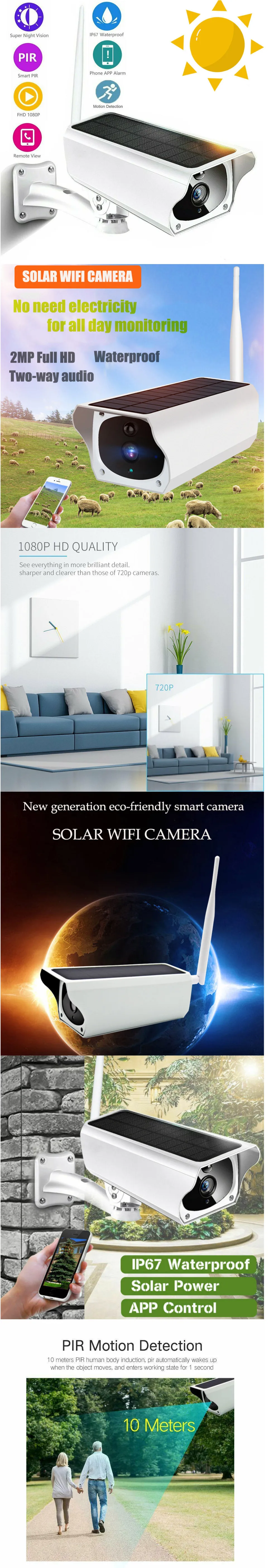 1080P ip-камера на солнечной батарейке 2MP беспроводная Wi-Fi камера видеонаблюдения Водонепроницаемая IP67 наружная камера ИК ночного видения камера с питанием от солнечной батареи