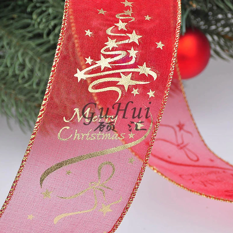 10 метров лента из органзы с рисунком рождественской елки | Дом и сад