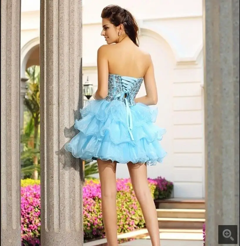 2017 платье для выпускного со стразами небесно голубое многослойное короткий