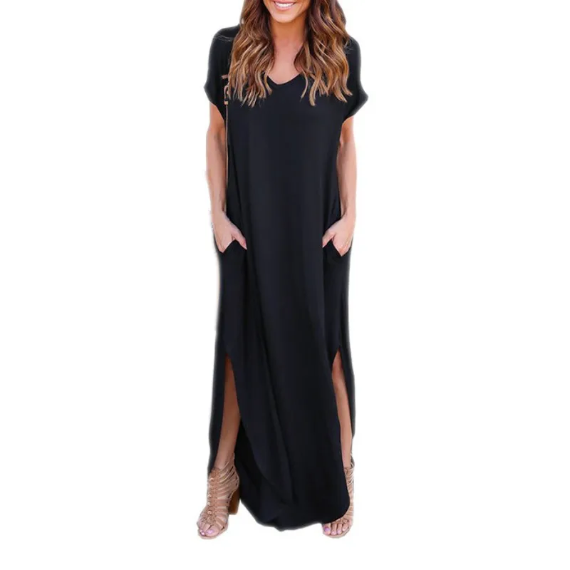 Однотонные длинные платья с v образным вырезом женские летние красивые женское