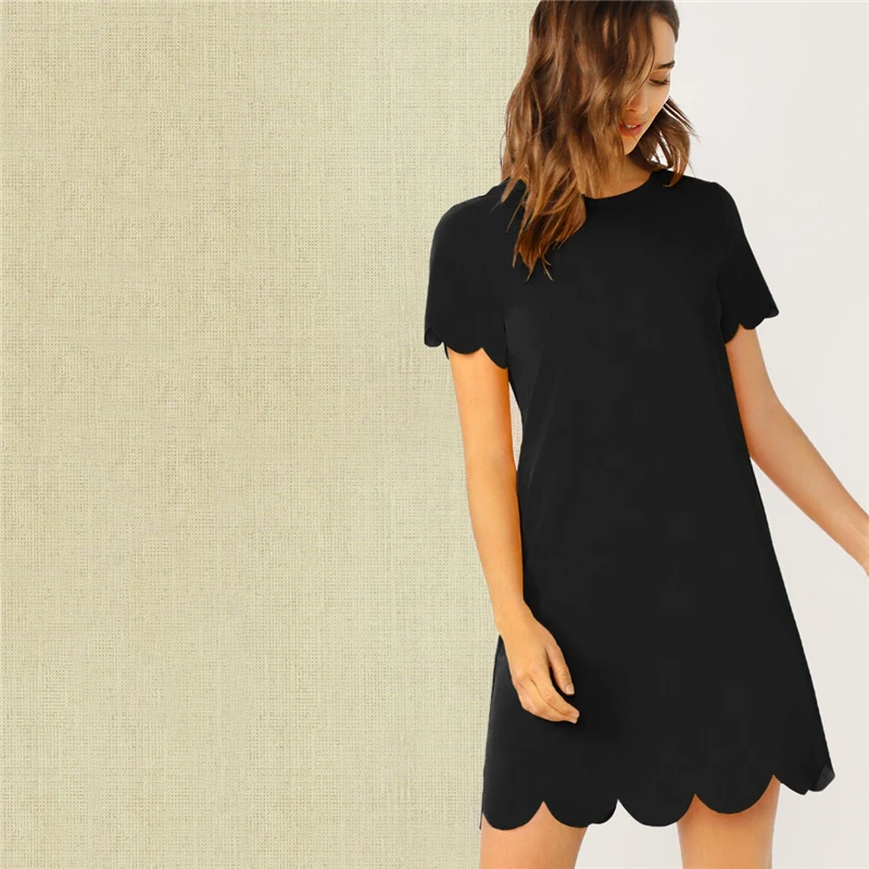 Dotfashion Black Solid Scallop Edge Tunic Dress Women Summer Casual Short Sleeve Dresses Ladies Fashion Straight Dress