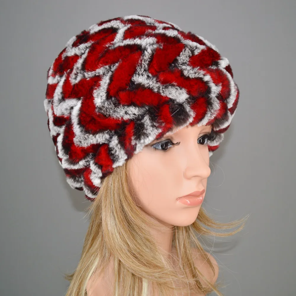2021 Модные женские шапки из меха кролика Рекс в полоску Милые зимние теплые 100%